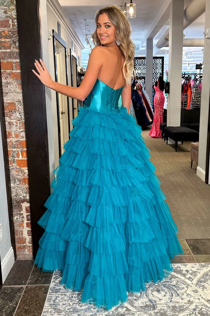 A-line Princess Sweetheart Blue Tiered Tulle Long Prom Dresses